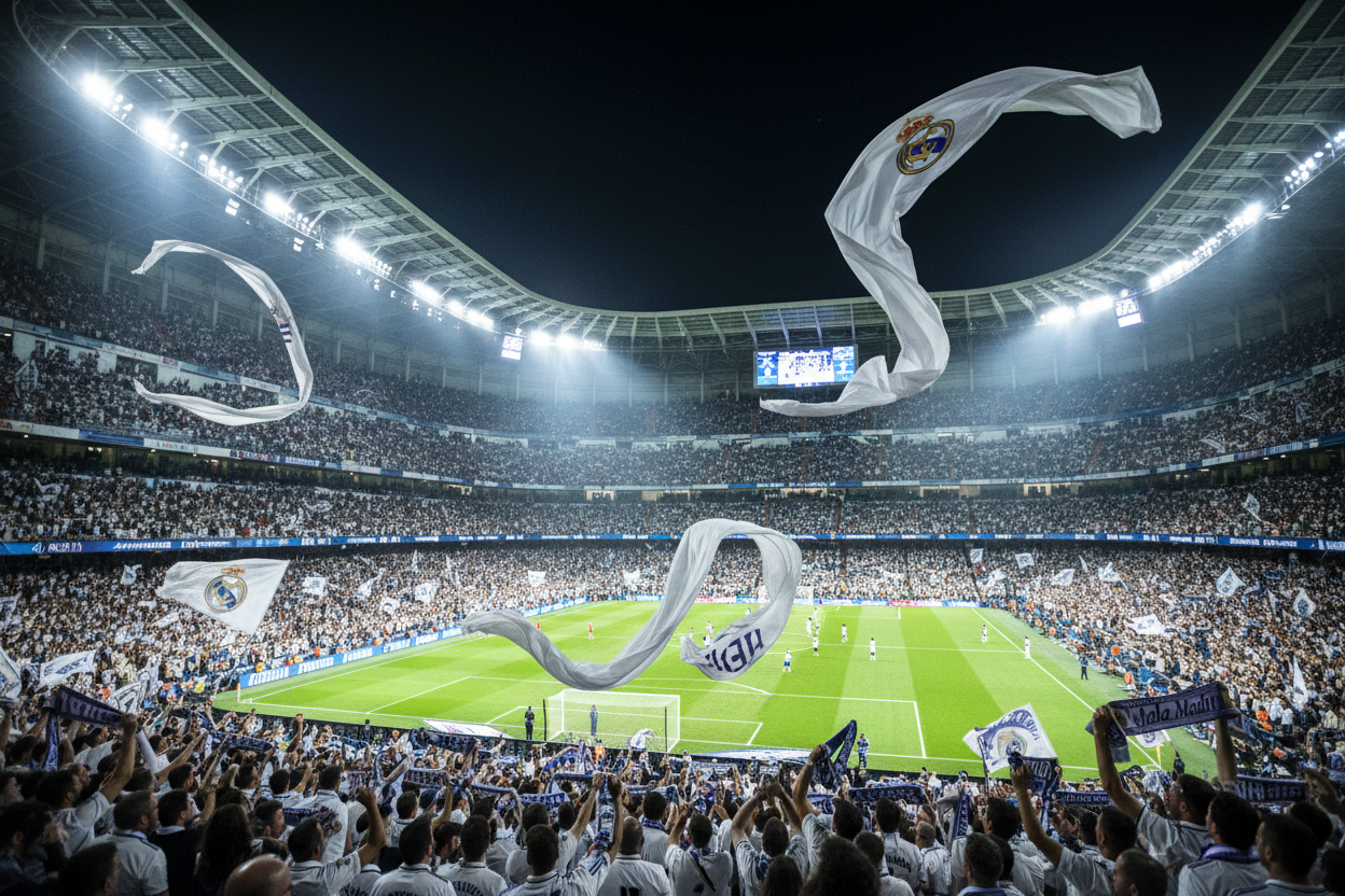 A breathtaking matchday scene inside Santiago Bernabéu Stadium, packed with passionate Real Madrid fans wearing white, waving flags and scarves. The stadium is glowing under bright floodlights at night, with a charged, electric atmosphere. The pristine green pitch contrasts with the modern architecture of the Bernabéu, dramatic angles, cinematic lighting, ultra-realistic, high detail, wide-angle view, epic football atmosphere, European elite football energy.