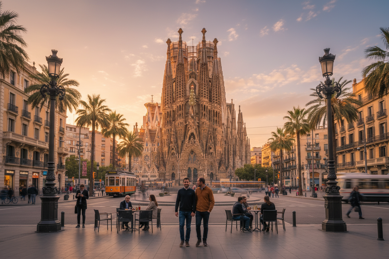 A cinematic, ultra-realistic hero image of Barcelona featuring the Sagrada Família at golden hour, with warm sunlight illuminating its intricate architecture. Palm-lined streets, elegant city atmosphere, and subtle movement of people enjoying the city. A vibrant yet sophisticated travel mood, Mediterranean colors, soft sky with light clouds, shallow depth of field. Premium European city break aesthetic, high-end travel photography style, 16:9 aspect ratio, high resolution, no logos, no text.