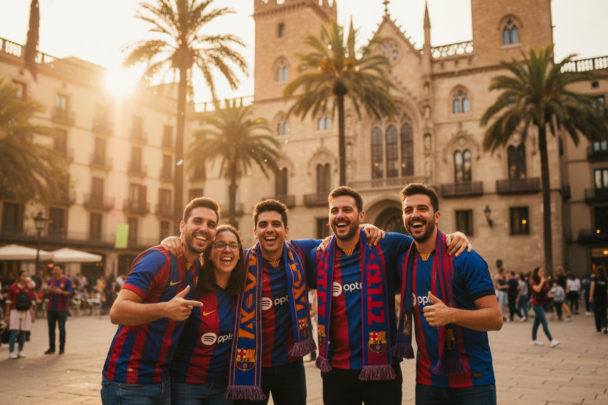 A cinematic, ultra-realistic travel image of Barcelona featuring the Gothic Quarter and Plaça Reial at golden hour, with historic architecture, palm trees, and warm Mediterranean light. A small group of passionate football fans wearing red and blue scarves and jerseys, celebrating and taking photos together, joyful and authentic atmosphere. Vibrant city energy, cultural travel vibe, premium sports tourism aesthetic, shallow depth of field, cinematic lighting, 16:9 aspect ratio, high resolution, no logos, no