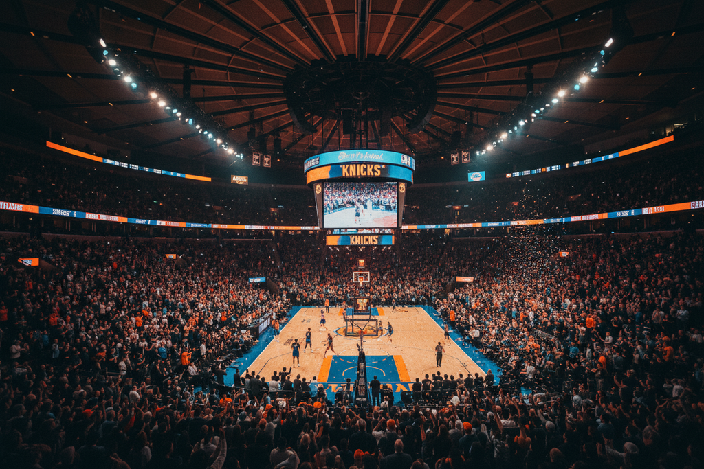 A cinematic wide-angle view inside Madison Square Garden during a New York Knicks basketball game, crowd cheering, vivid orange and blue lights, dramatic atmosphere, realistic style.