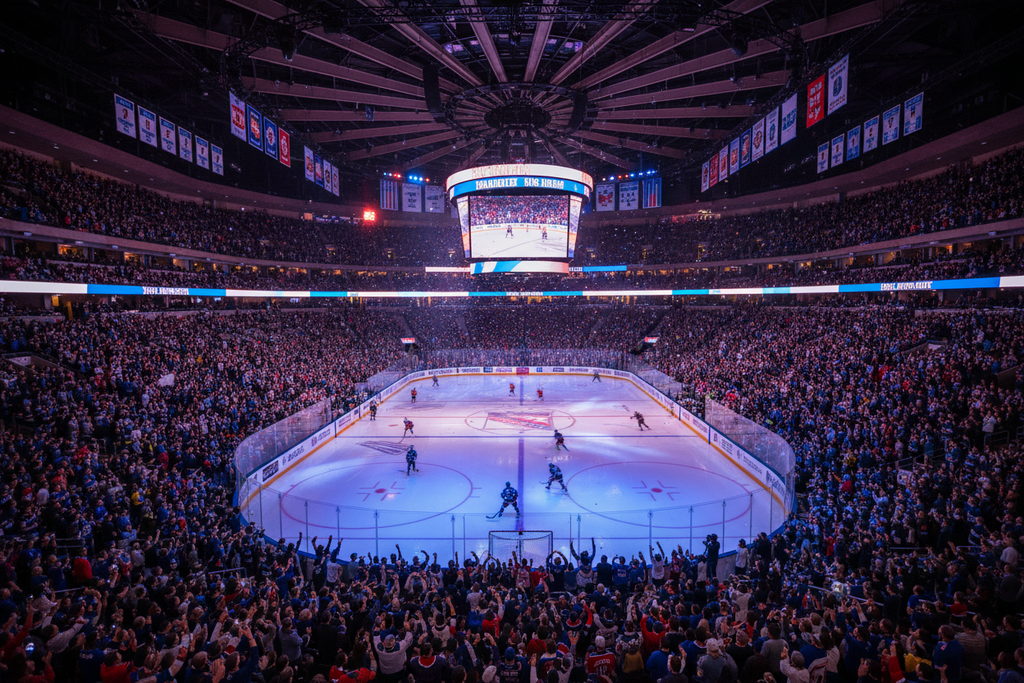 “A cinematic wide-angle view inside Madison Square Garden during a New York Rangers hockey game, ice rink illuminated in blue and red team colors, crowd cheering, dramatic atmosphere, realistic and energetic photography style.”