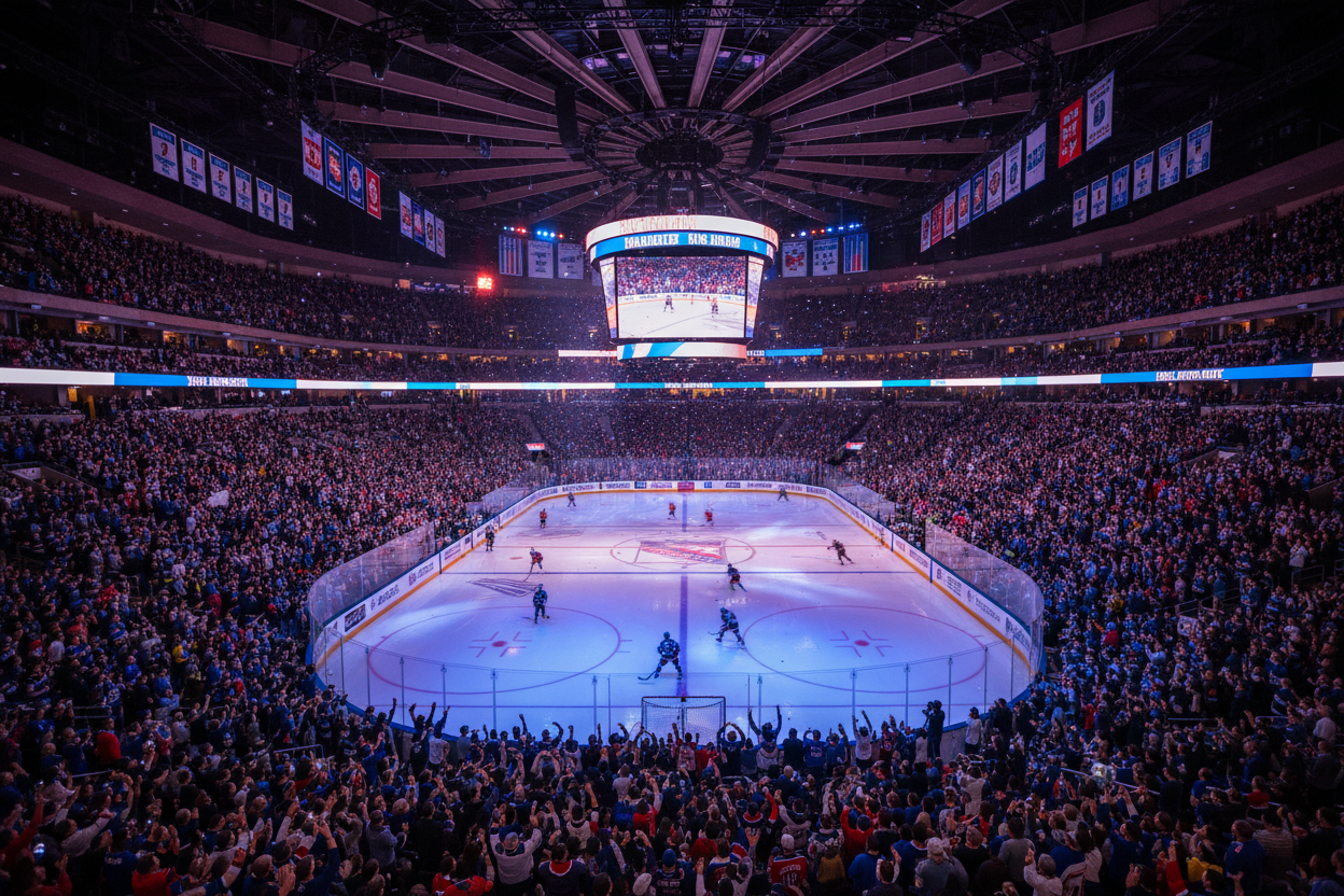 “A cinematic wide-angle view inside Madison Square Garden during a New York Rangers hockey game, ice rink illuminated in blue and red team colors, crowd cheering, dramatic atmosphere, realistic and energetic photography style.”