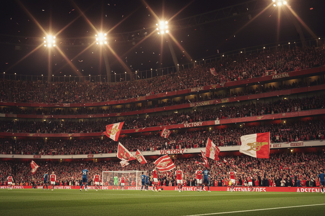 "A lively, packed Emirates Stadium during a Premier League match, home of Arsenal FC. Fans in red and white jerseys and scarves are cheering, waving flags, and celebrating together. The pitch is pristine with players in action, and dramatic stadium lighting illuminates the stands. The scene captures excitement, camaraderie, and the electric, welcoming atmosphere of Arsenal football. Realistic, colorful, and slightly cinematic style, emphasizing energy and passion."