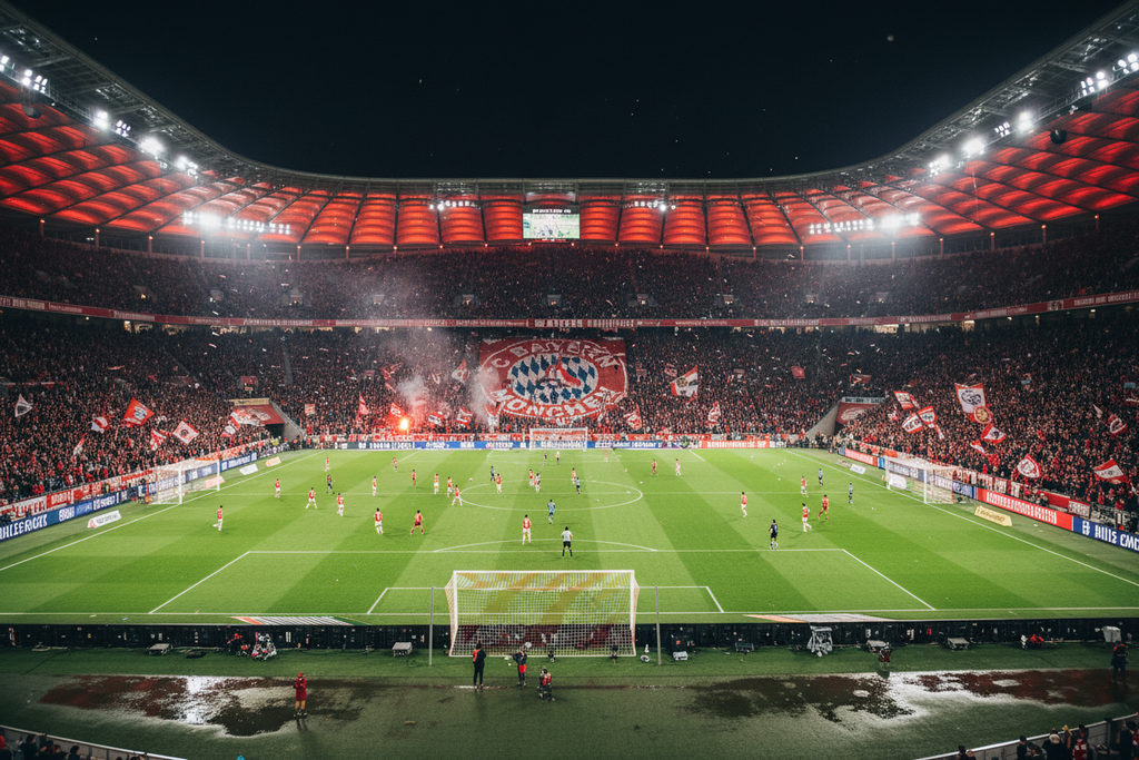 "A thrilling, high-energy scene of Allianz Arena, home of Bayern Munich, during a packed Bundesliga match. Fans in red and white jerseys and scarves are cheering, waving flags, and singing. The pitch is immaculate, with players in action. The stadium’s iconic illuminated exterior panels glow in red, creating a dramatic atmosphere. Emphasize excitement, passion, and the electrifying energy of Munich football, in a realistic yet slightly cinematic style."