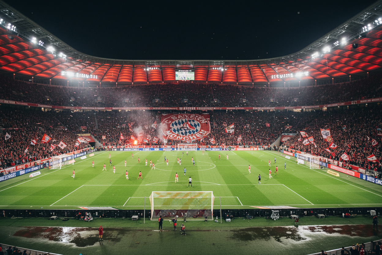 "A thrilling, high-energy scene of Allianz Arena, home of Bayern Munich, during a packed Bundesliga match. Fans in red and white jerseys and scarves are cheering, waving flags, and singing. The pitch is immaculate, with players in action. The stadium’s iconic illuminated exterior panels glow in red, creating a dramatic atmosphere. Emphasize excitement, passion, and the electrifying energy of Munich football, in a realistic yet slightly cinematic style."