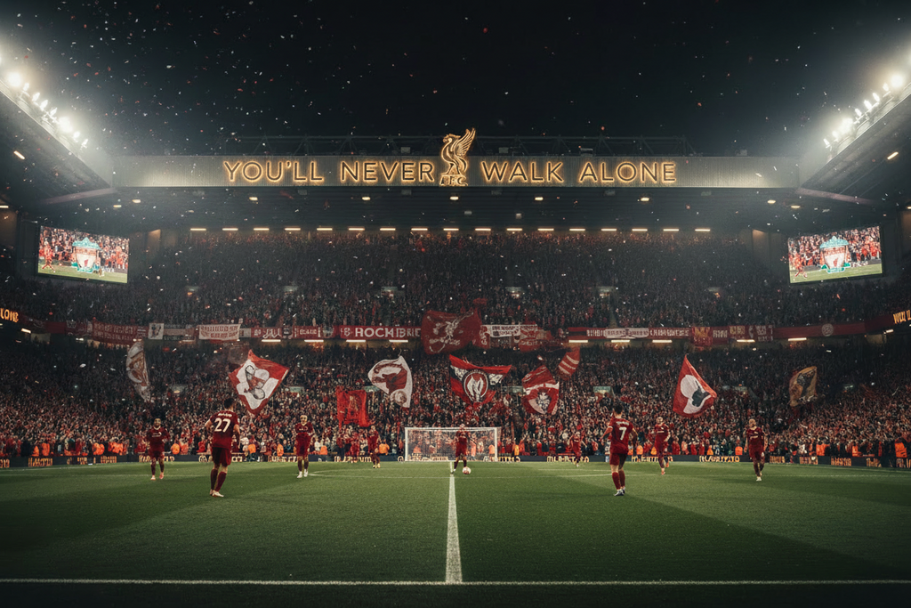 "A vibrant, high-energy scene of Anfield Stadium, home of FC Liverpool, during a packed Premier League match. Fans are cheering in the stands with red scarves and jerseys, waving flags, and singing. The pitch is pristine, with players in action. Dramatic stadium lighting casts a warm glow, with iconic Liver Bird imagery visible. A mix of realistic and slightly cinematic style, emphasizing excitement, passion, and the iconic atmosphere of Liverpool football."