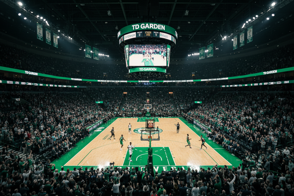 “Boston Celtics game atmosphere inside TD Garden, wide-angle view of the court, vibrant green lighting, excited crowd, premium sports photography style, dynamic action feel, high resolution, no player likenesses.”. PLease make sure all letters are correct and that it is the authentic TD garden