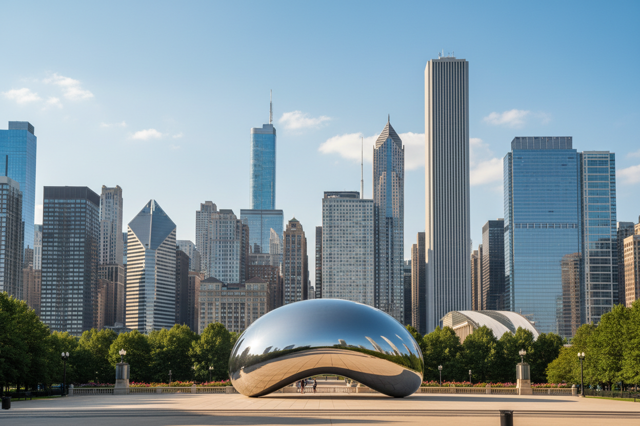 “Bright, high-quality view of Chicago’s iconic attractions, including Millennium Park, Cloud Gate (The Bean), and surrounding skyline. Daytime, sunny, vibrant, inviting colors, realistic photography style, 16:9 aspect ratio. Focus on the architecture, city energy, and tourist appeal, no people or fans required. Premium travel aesthetic for an e-commerce product gallery
