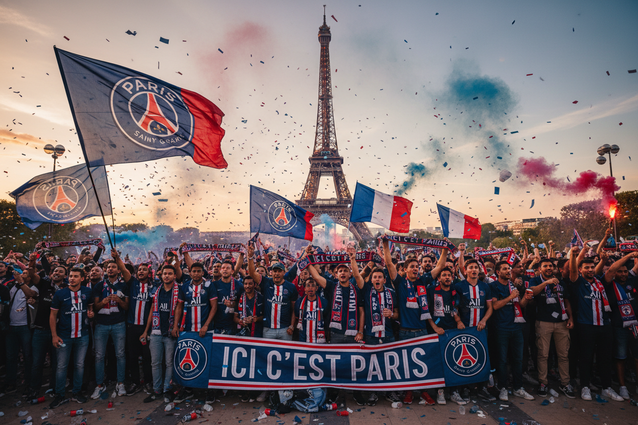can you do one with the Eiffel tower and psg fans in front