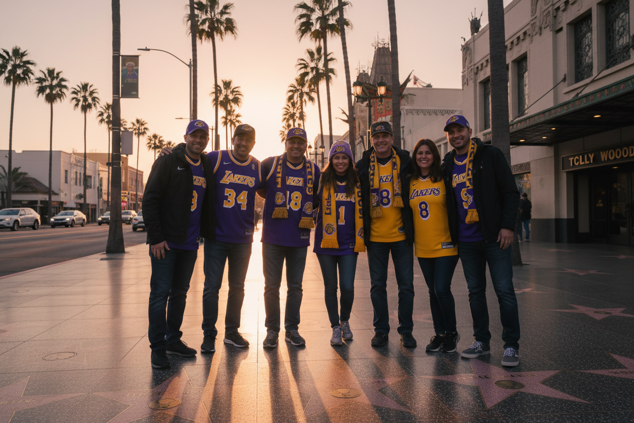 can you just to like 6 Lakers Fans on walk of fame with sunset vibes