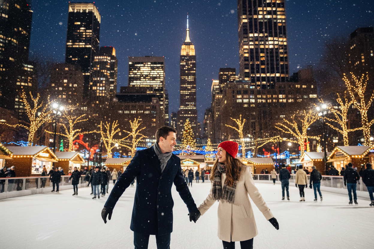 “Couple ice skating at Bryant Park at night with the city skyline in the background, festive lights and winter charm, vibrant and cinematic travel mood, realistic photography style.”