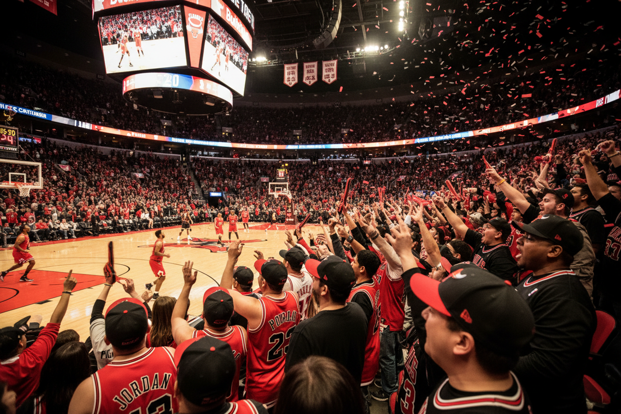 “Crowd of Chicago Bulls fans in red and black jerseys and caps cheering wildly inside the United Center during a live game. Basketball action on the court visible in the background, bright arena lights, dynamic and energetic atmosphere, motion blur to convey excitement. High-quality, realistic photography style, cinematic, 16:9 aspect ratio. Focus on fan engagement and live game energy.”