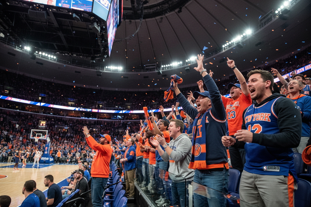 “Excited basketball fans in Knicks colors celebrating in the stands, arena lighting, energetic and emotional moment, realistic photography style but no slogan or text just fans, needs to look authentic