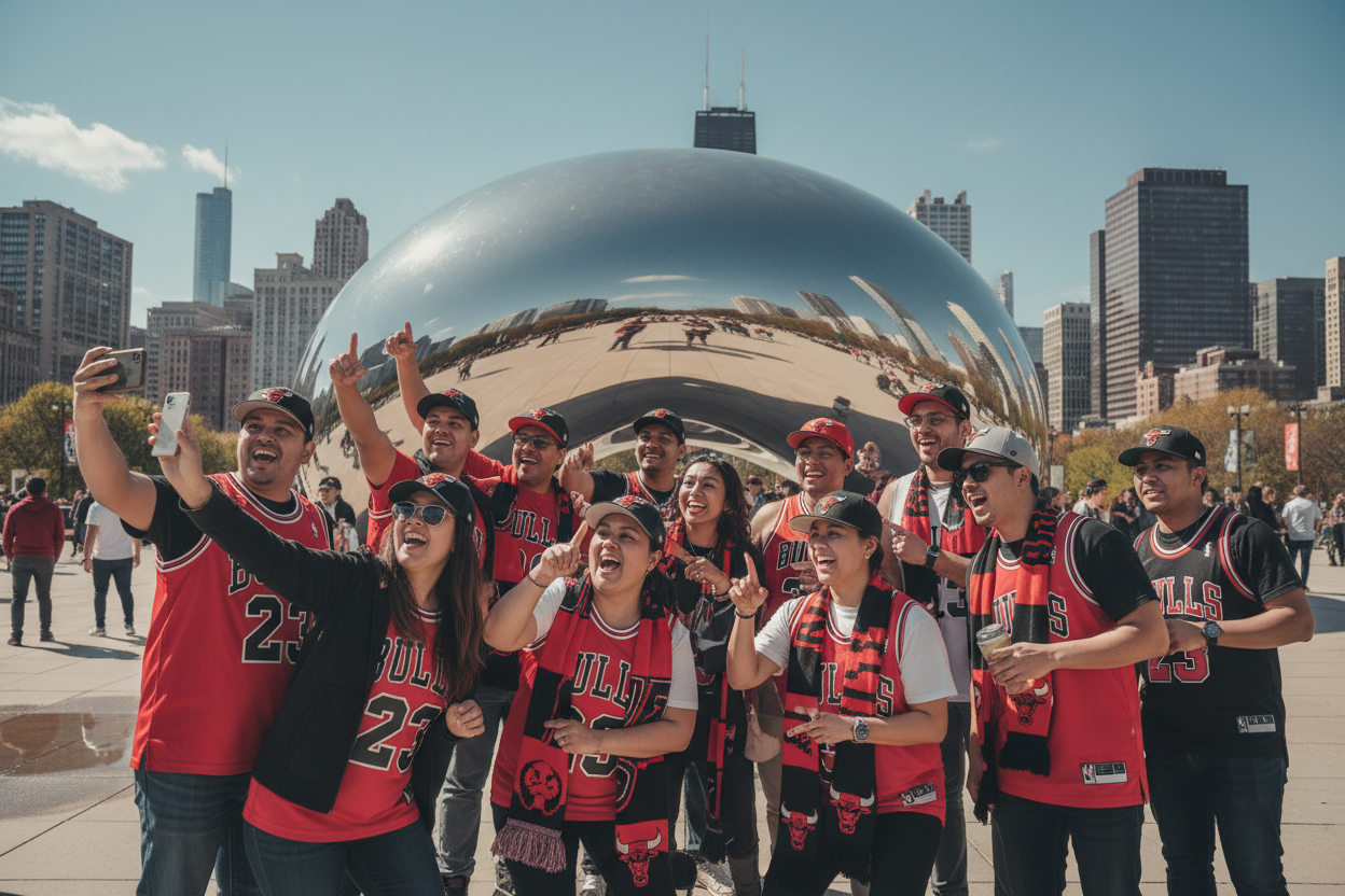 “Group of Chicago Bulls fans wearing red and black jerseys, caps, and scarves, taking photos and enjoying the view at Millennium Park near Cloud Gate (The Bean). Daytime, bright and lively, fans smiling and interacting, city skyline visible in the background. Realistic, high-quality photography style, energetic and fun atmosphere, 16:9 aspect ratio. Emphasize fan excitement and Chicago sightseeing experience.”
