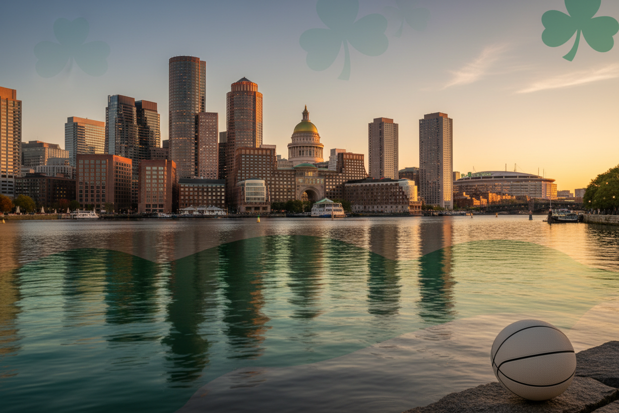 Hero image for a Boston Celtics travel package. Boston skyline at sunset with Charles River in foreground, TD Garden visible in distance. Subtle Celtics green accents reflected in water, faint shamrock motif in sky, generic basketball in foreground, cinematic lighting, high resolution, premium sports travel aesthetic, clean composition, no real player likenesses.
