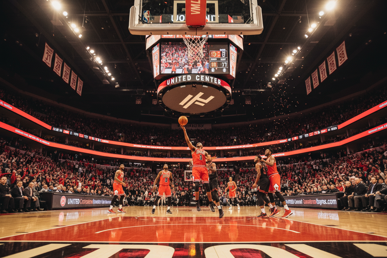“High-energy view of a basketball game at the United Center in Chicago, fans cheering in red and black, basketball in mid-air, scoreboard lights glowing. Action shot from courtside perspective, dynamic and vibrant, cinematic lighting, 16:9 aspect ratio. Focus on atmosphere and excitement, premium sports-travel feel.”