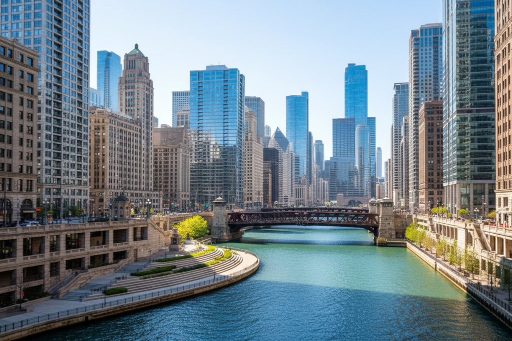 “High-quality daytime view of the Chicago Riverwalk with modern city skyline in the background, including bridges and riverfront architecture. Sunny, vibrant, inviting colors, realistic photography style, 16:9 aspect ratio. No people or fans, focus on iconic Chicago urban scenery and premium travel vibe suitable for an e-commerce product gallery.”
