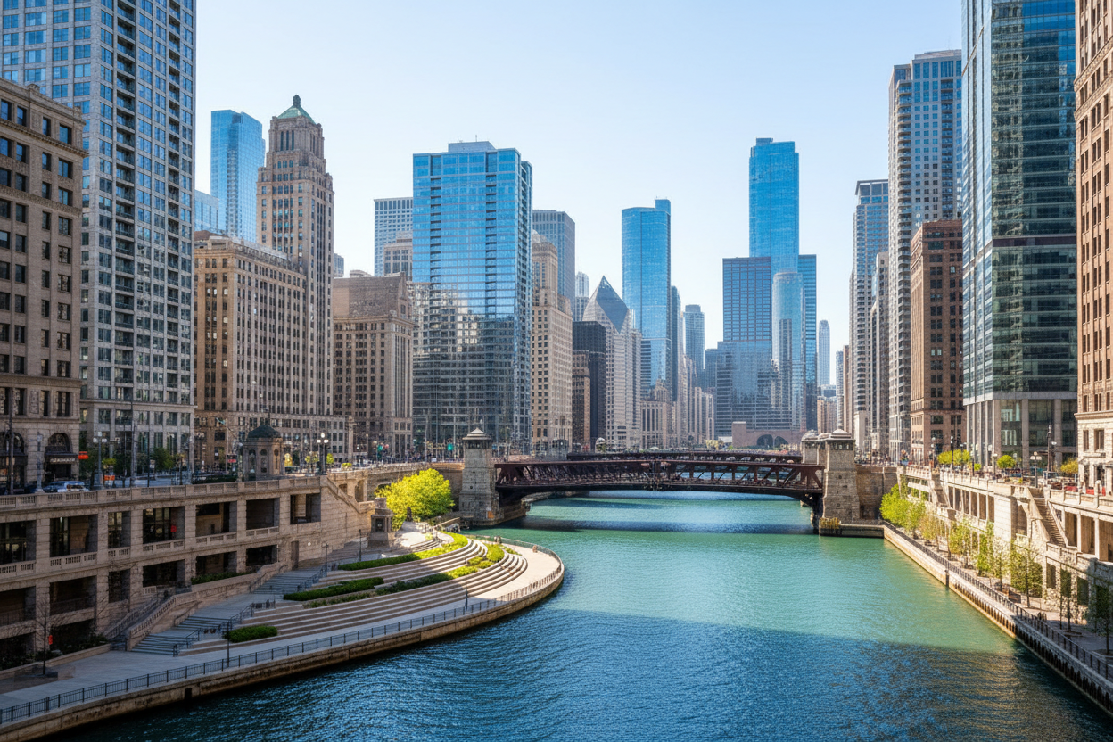 “High-quality daytime view of the Chicago Riverwalk with modern city skyline in the background, including bridges and riverfront architecture. Sunny, vibrant, inviting colors, realistic photography style, 16:9 aspect ratio. No people or fans, focus on iconic Chicago urban scenery and premium travel vibe suitable for an e-commerce product gallery.”