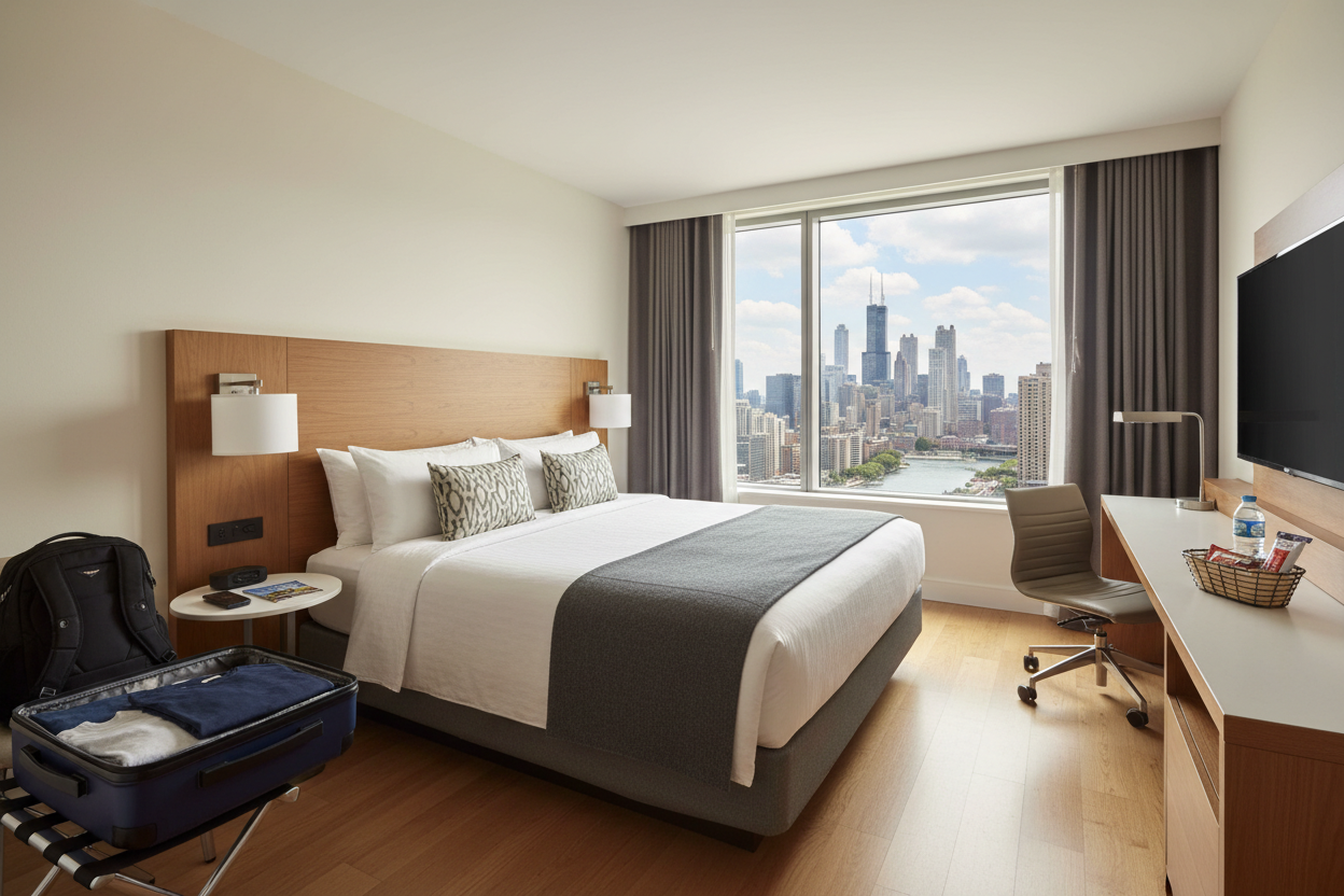“Interior of a modern 3-Star Chicago hotel room, bed neatly made, city view from window. Bright, inviting lighting, realistic photography style, welcoming travel vibe. Include subtle travel elements like luggage to suggest a 3-night stay, 16:9 aspect ratio.”