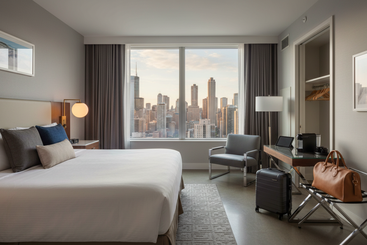 “Interior of a modern, stylish 4-star Chicago hotel room, bed neatly made, city view from the window. Bright and inviting lighting, realistic photography style, professional, welcoming travel vibe. Include subtle travel elements like luggage or a bag to suggest a 3-night stay, 16:9 aspect ratio.”
