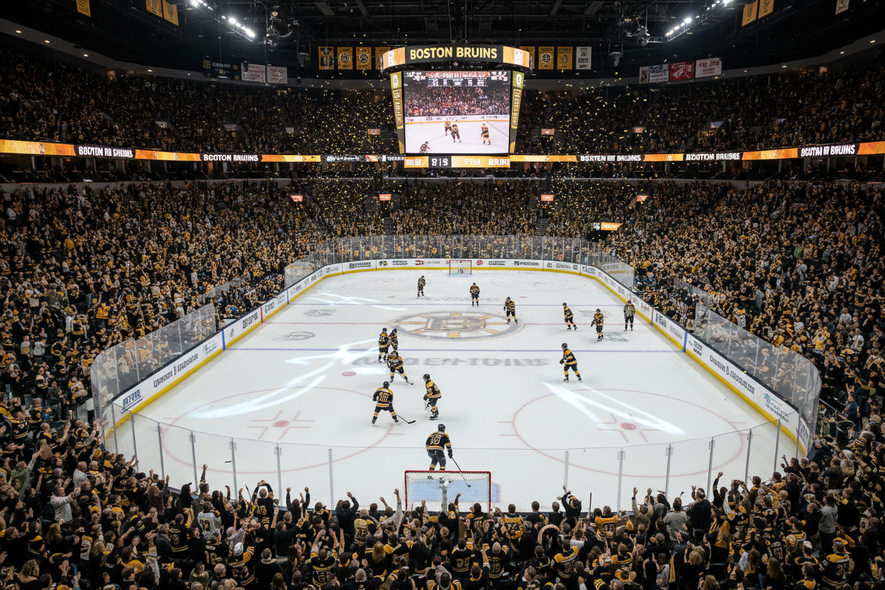 “Interior of TD Garden during a Boston Bruins game, fans cheering in black and gold, ice hockey game in progress, arena lighting, high-energy, realistic photography style”