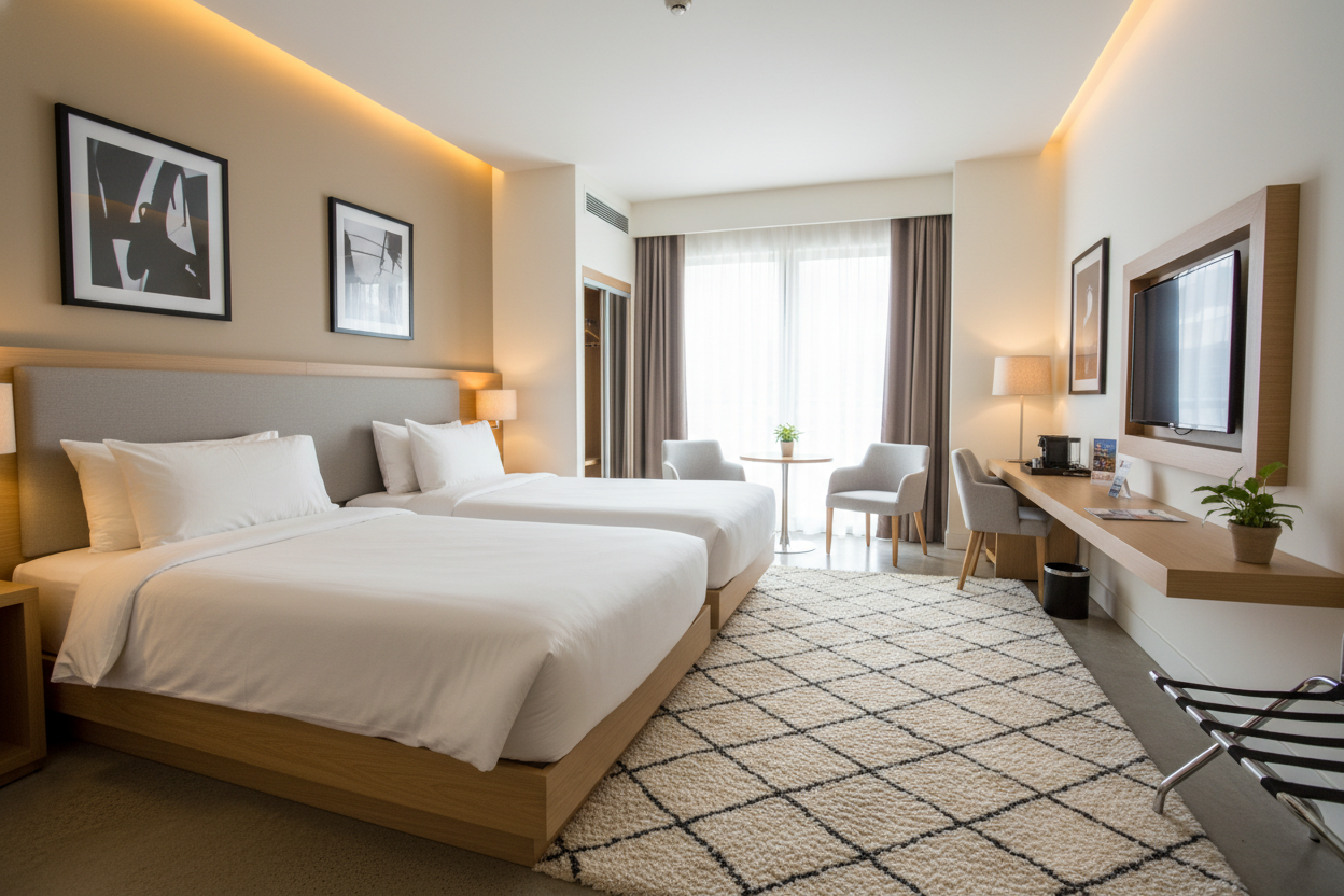 Modern 3-star hotel room interior with bright lighting, comfortable double beds, neutral tones, welcoming atmosphere, travel photography style.”