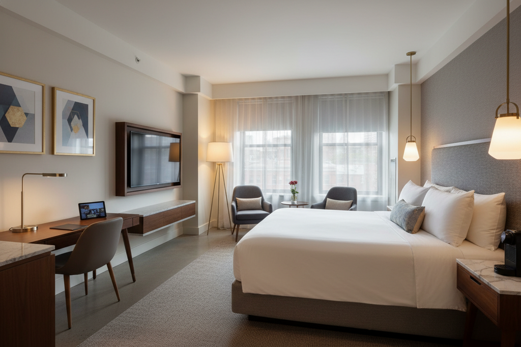 “Modern 4-star Boston hotel room, clean and stylish interior, warm lighting, comfortable bed, contemporary decor, upscale yet accessible travel aesthetic, high resolution.”