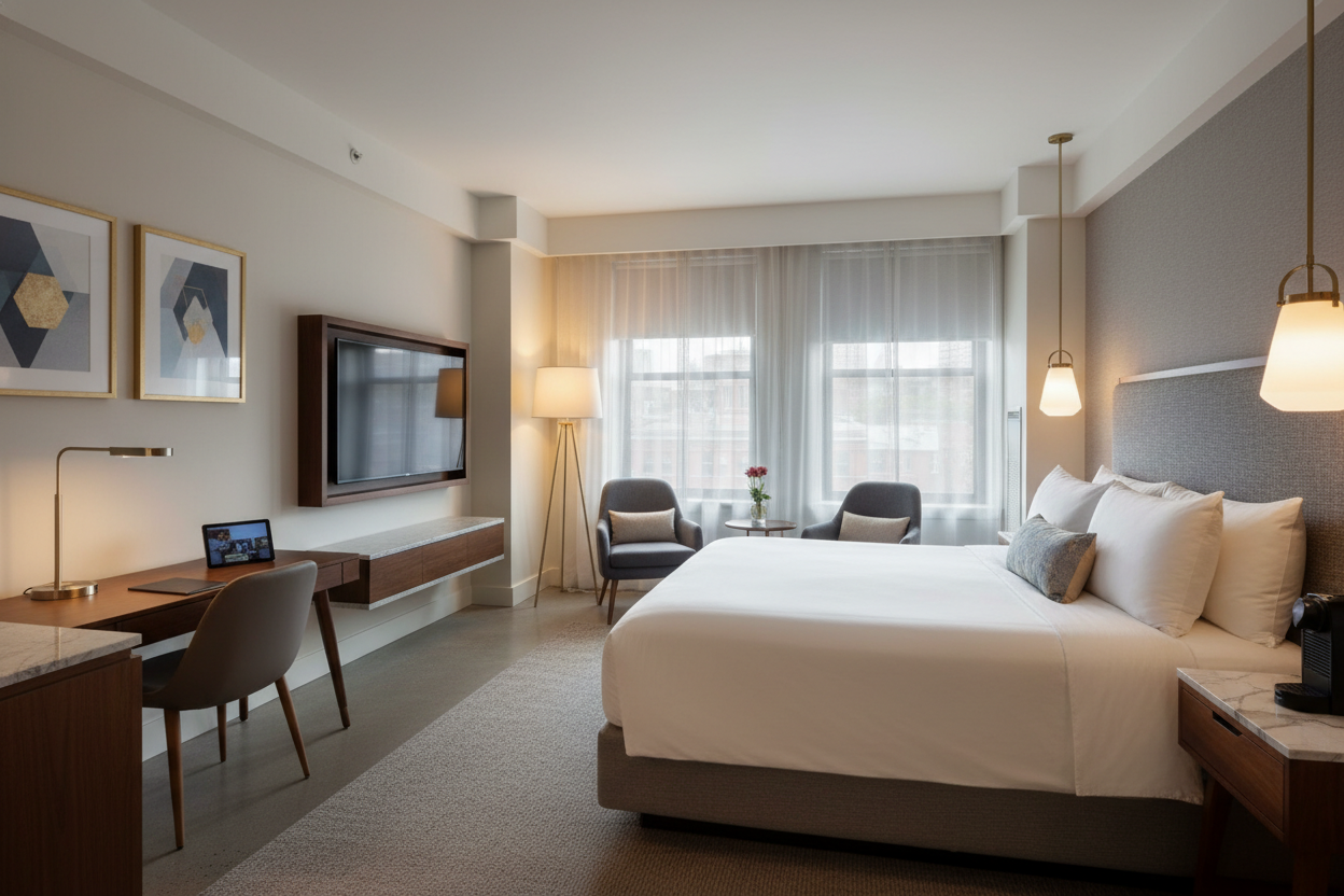 “Modern 4-star Boston hotel room, clean and stylish interior, warm lighting, comfortable bed, contemporary decor, upscale yet accessible travel aesthetic, high resolution.”