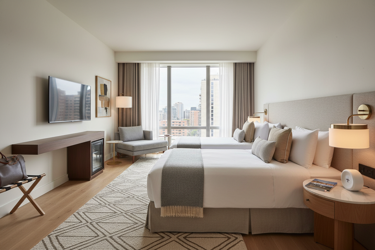 Modern 4-star hotel room interior with bright lighting, comfortable double beds, neutral tones, welcoming atmosphere, travel photography style.”