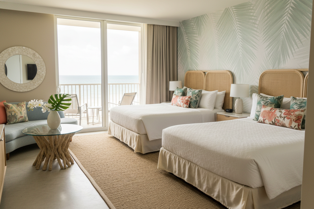 Modern 4-star South Florida hotel room with bright natural light, soft beach-inspired colors, comfortable beds, tropical decor, realistic and welcoming travel photography style.”