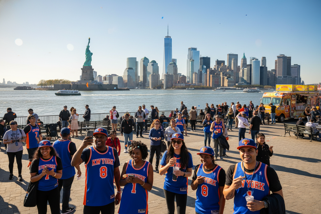 “New York City skyline with the Statue of Liberty in the background, sunny day, tourists taking photos, a few people wearing Knicks jerseys and caps, vibrant city atmosphere, realistic style, high-resolution, cinematic lighting, wide-angle perspective, colorful and lively, lifestyle travel shot suitable for a sports and city adventure website.”