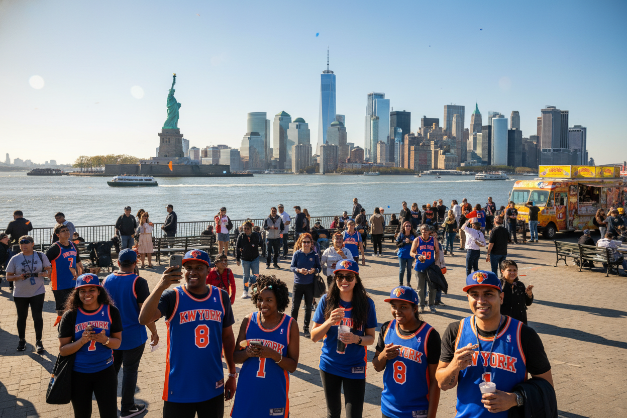 “New York City skyline with the Statue of Liberty in the background, sunny day, tourists taking photos, a few people wearing Knicks jerseys and caps, vibrant city atmosphere, realistic style, high-resolution, cinematic lighting, wide-angle perspective, colorful and lively, lifestyle travel shot suitable for a sports and city adventure website.”