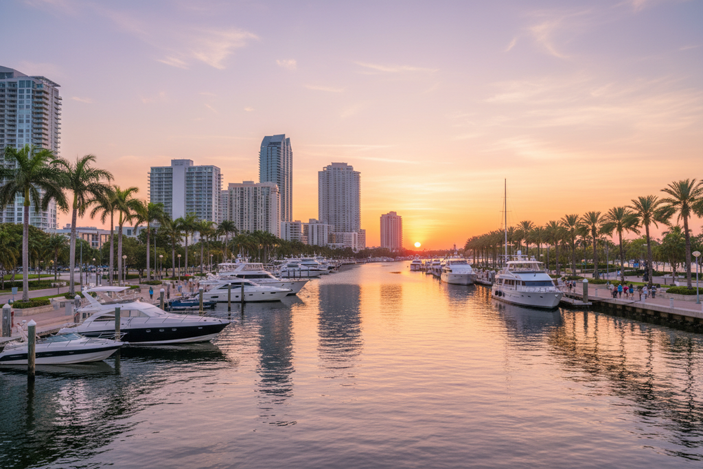 Panoramic view of downtown Fort Lauderdale waterfront at sunset with yachts and palm trees, warm pastel tones, elegant and relaxed coastal atmosphere.”