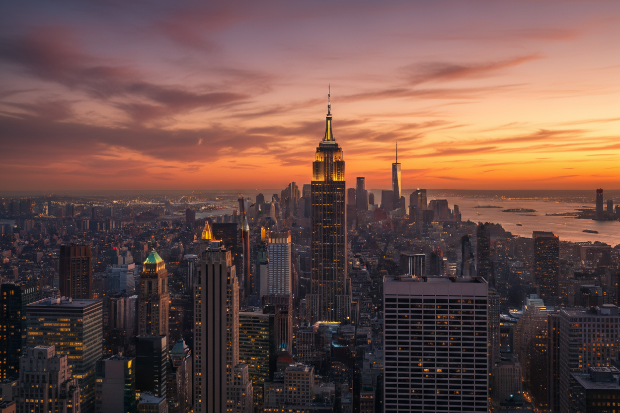 Panoramic view of New York City skyline at sunset with Empire State Building and city lights glowing, elegant and warm tone.”
