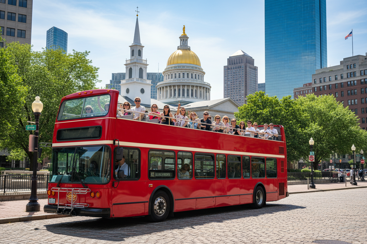 “Red double-decker sightseeing bus in Boston with city landmarks in background, bright daylight, tourism photography style, no branding