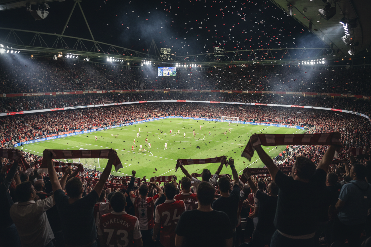 Ultra-realistic, cinematic wide-angle image of a night match at a modern football stadium inspired by Emirates Stadium in London. The stadium is packed with passionate fans jumping, cheering, and waving scarves in red and neutral colors. Explosive match-day atmosphere with raised arms, emotional faces, confetti and light smoke in the air. Bright stadium floodlights illuminating the pitch, dramatic contrast and motion blur capturing the energy of the crowd. Subtle London night skyline in the background. Prem